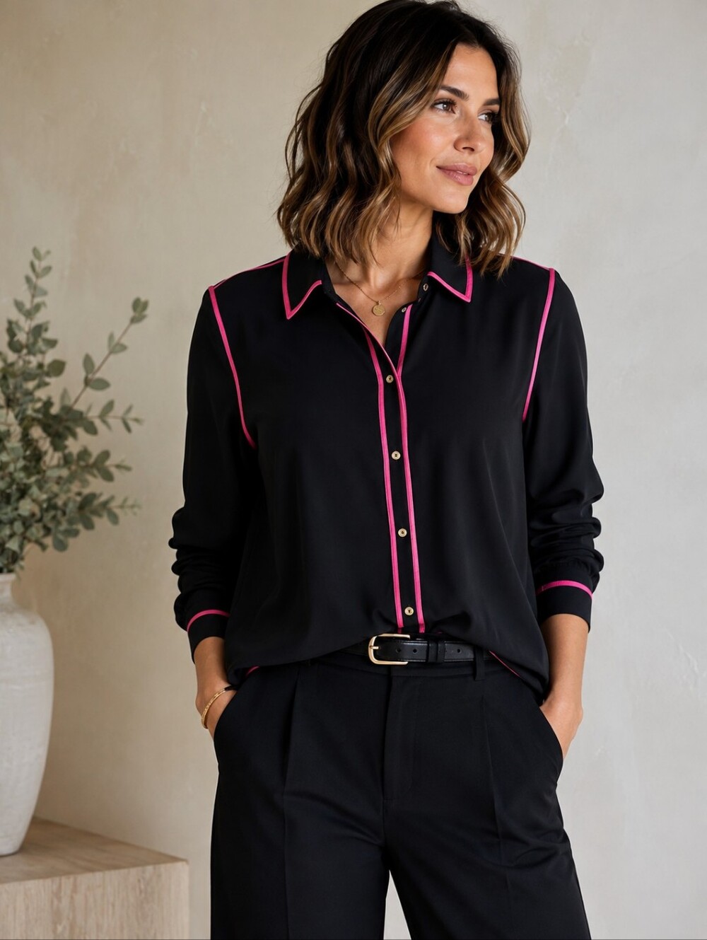 Juicy Couture | 100% Silk Black & Hot Pink Piping Button-Up Blouse, Size S
